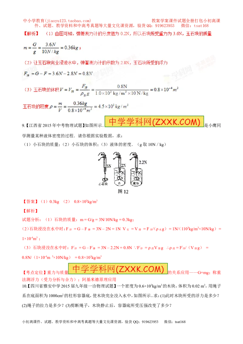 专题20浮力计算（测）-备战2016年中考物理二轮讲练测（解析版）_初物_1初中物理_物理：备战2016年中考物理二轮复习讲练测132份