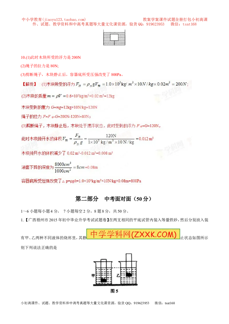 专题20浮力计算（测）-备战2016年中考物理二轮讲练测（解析版）_初物_1初中物理_物理：备战2016年中考物理二轮复习讲练测132份