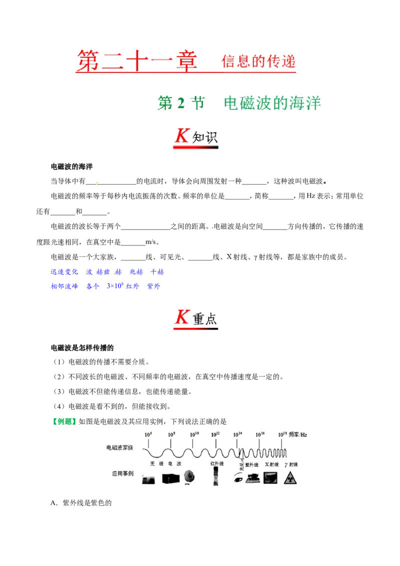 专题21.2电磁波的海洋-初中物理同步讲义_初物_人教版初中物理初二三教案讲义专项练习八九年级电子版word资料_最新人教版初中物理初三全册_03人教版初中物理同步讲义9全册