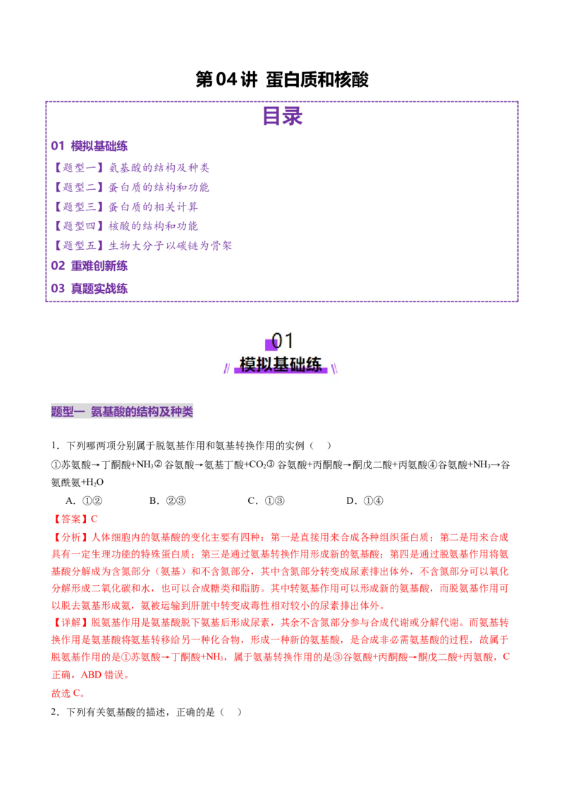 第04讲蛋白质和核酸（练习）（解析版）_2025年新高考资料_一轮复习_2025年高考生物一轮复习讲练测（新教材新高考）