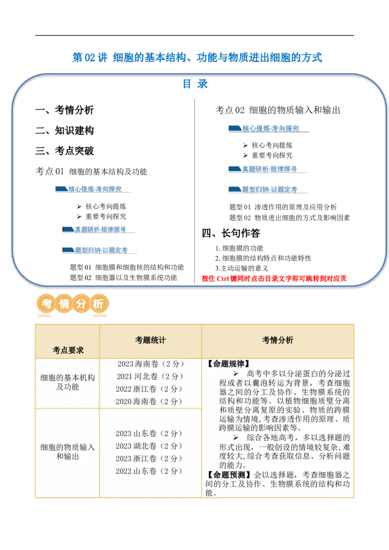 第02讲细胞的基本结构、功能与物质进出细胞的方式（讲义）原卷版_新高考复习资料_2024年新高考复习资料_二轮复习资料_2024年高考生物二轮复习讲练测（新教材新高考）_配套讲义
