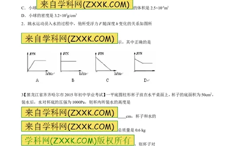 专题20浮力计算（练）-备战2016年中考物理二轮讲练测（原卷版）_初物_1初中物理_物理：备战2016年中考物理二轮复习讲练测132份