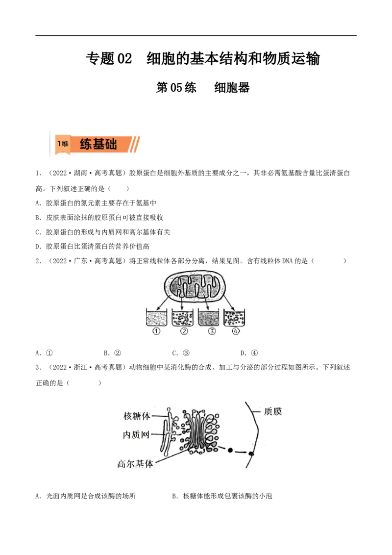 第05练细胞器（原卷版）_新高考复习资料_2023年新高考复习资料_一轮复习_2023年高考生物一轮复习小题多维练（新高考专用）