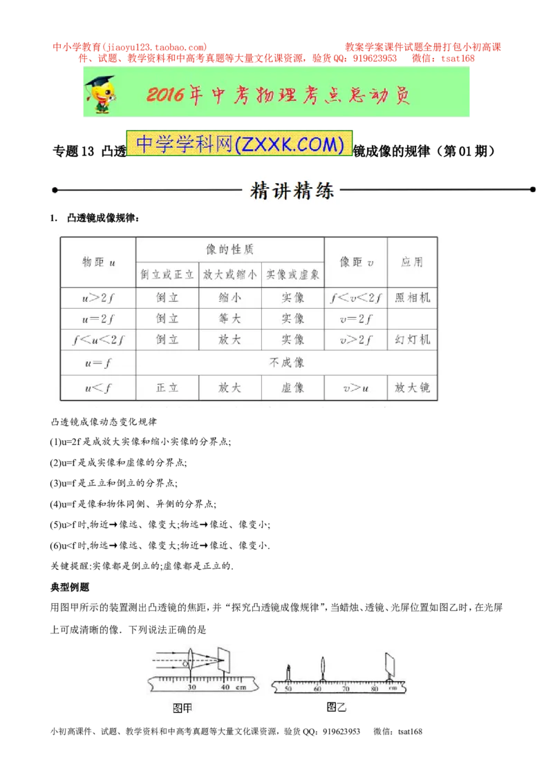 专题13凸透镜成像的规律（第01期）-2016年中考物理考点总动员系列（解析版）_初物_1初中物理_物理：2016年中考物理考点总动员系列全套打包150份