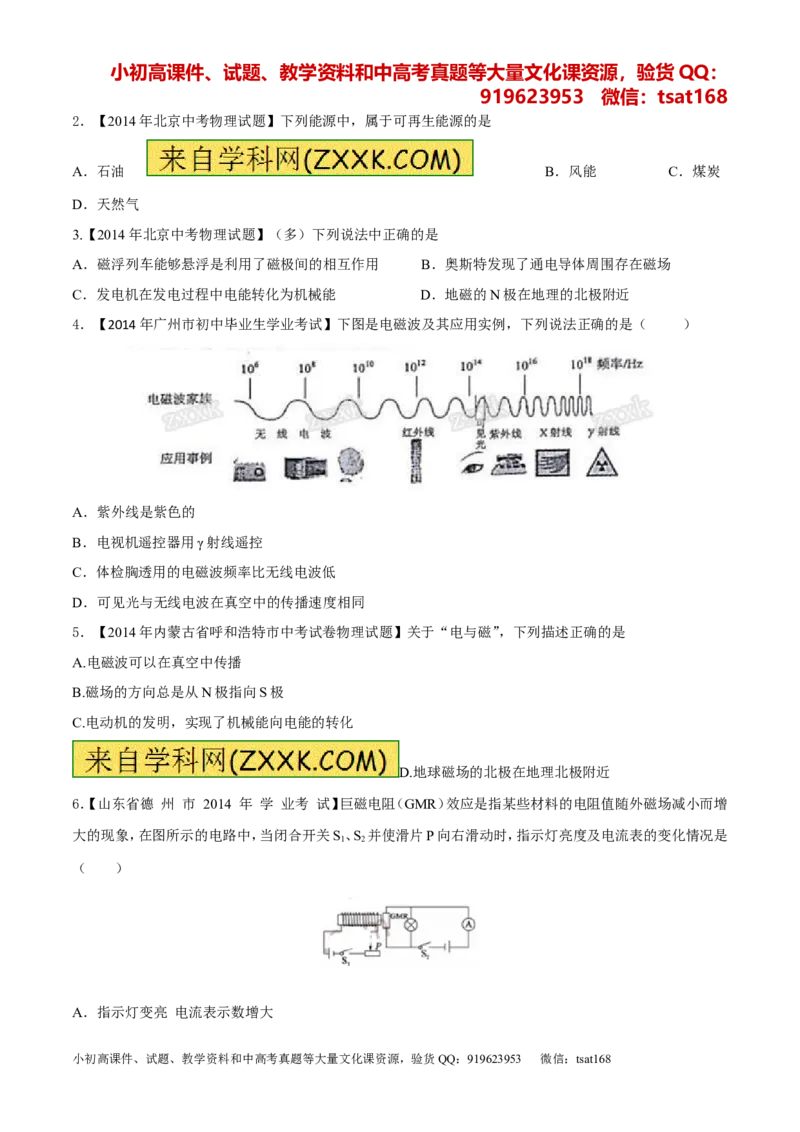 专题15电与磁信息的传递与能源-2年中考1年模拟备战2016年中考物理精品系列（各省统一命题专版）（原卷版）_初物_1初中物理