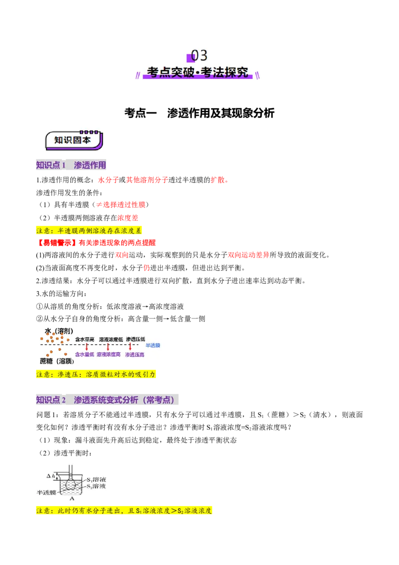 第07讲物质运输（讲义）（原卷版）_2025年新高考资料_一轮复习_2025年高考生物一轮复习讲练测（新教材新高考）