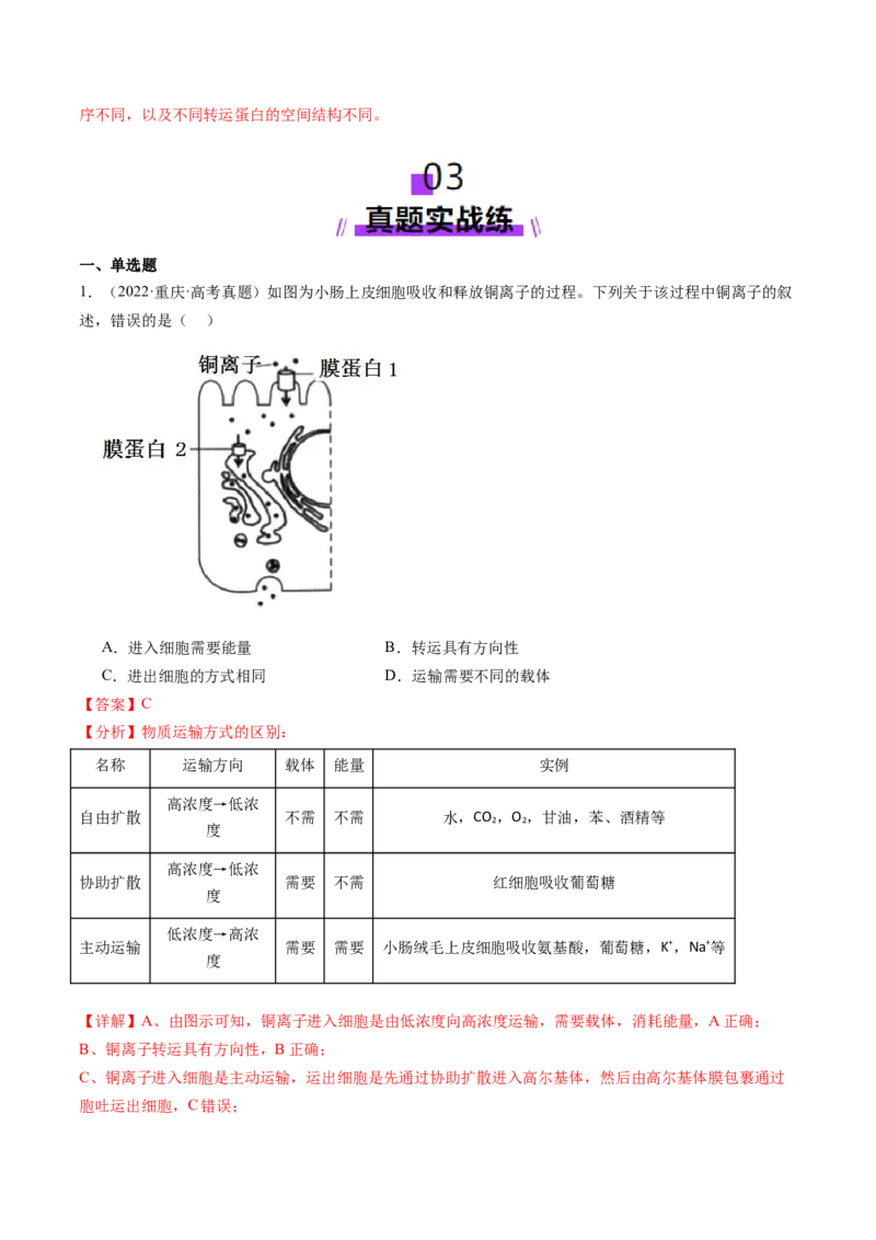 第07讲物质运输（练习）（解析版）_2025年新高考资料_一轮复习_2025年高考生物一轮复习讲练测（新教材新高考）