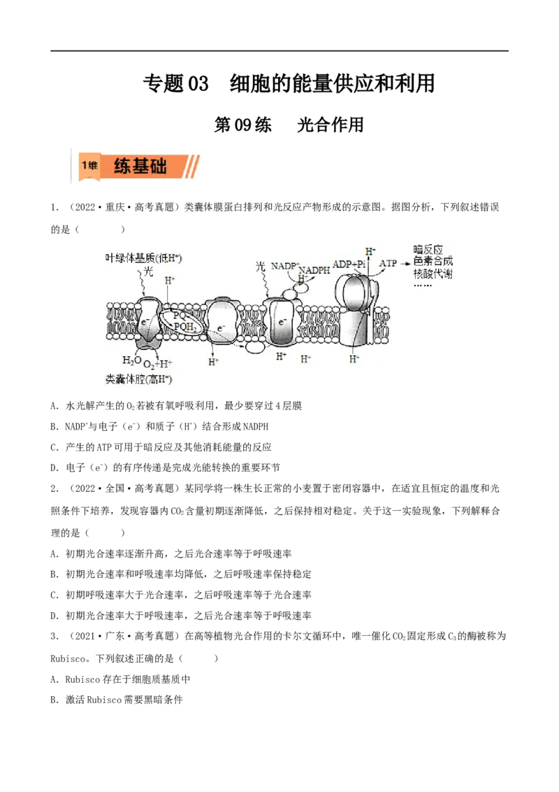 第09练光合作用（原卷版）_新高考复习资料_2023年新高考复习资料_一轮复习_2023年高考生物一轮复习小题多维练（新高考专用）