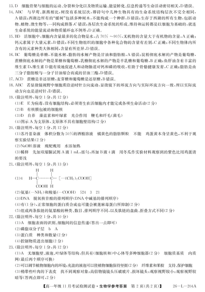 2025-2026学年高一年级11月考试检测试卷生物答案_2025年11月高一试卷_251115河北省保定市部分校2025-2026学年高一上学期期中考试（全）