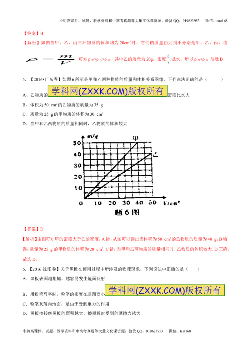 专题6.2密度及其测量密度的应用（测试）-2017年中考物理一轮复习讲练测课课通（解析版）_初物_1初中物理_物理：2017年中考物理一轮复习讲练测课课通全套打包115份