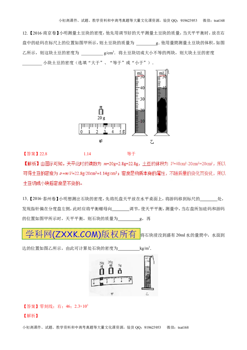 专题6.2密度及其测量密度的应用（测试）-2017年中考物理一轮复习讲练测课课通（解析版）_初物_1初中物理_物理：2017年中考物理一轮复习讲练测课课通全套打包115份