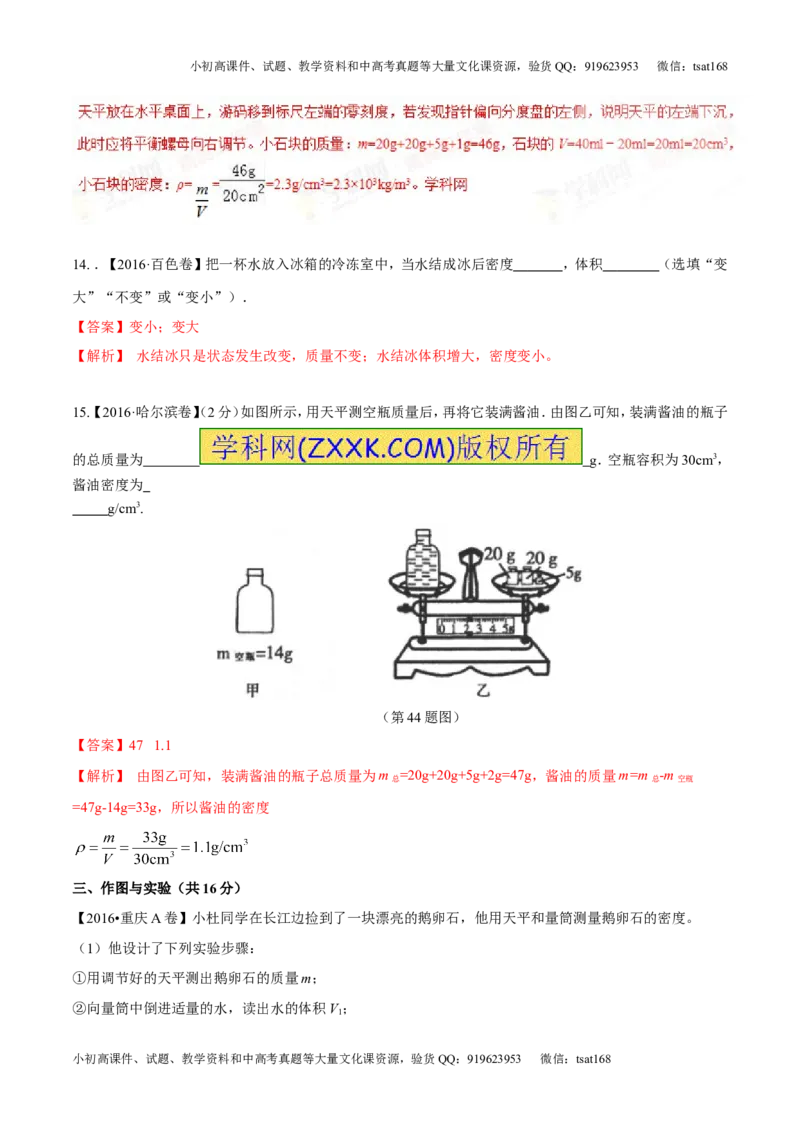 专题6.2密度及其测量密度的应用（测试）-2017年中考物理一轮复习讲练测课课通（解析版）_初物_1初中物理_物理：2017年中考物理一轮复习讲练测课课通全套打包115份