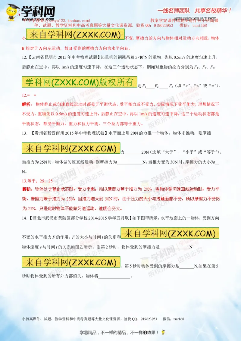 专题5.2二力平衡摩擦力（测试）-2016年中考物理一轮复习讲练测课课通（解析版）_初物_1初中物理_物理：2016年中考物理一轮复习讲练测课课通全套打包116份