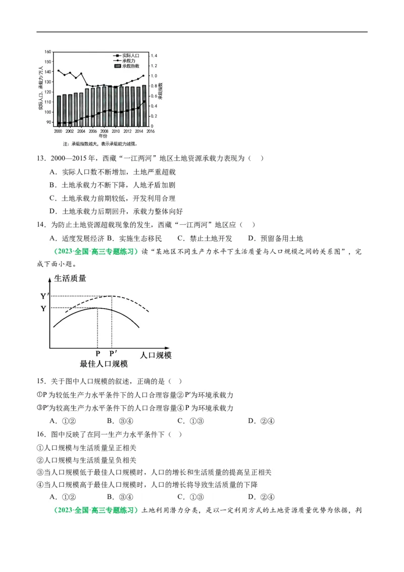 1.1人口分布与人口容量（练习）（原卷版）_新高考复习资料_2024年新高考复习资料_一轮复习资料_完备战2024年高考地理一轮复习考点帮（新高考专用）_第三部分人文地理