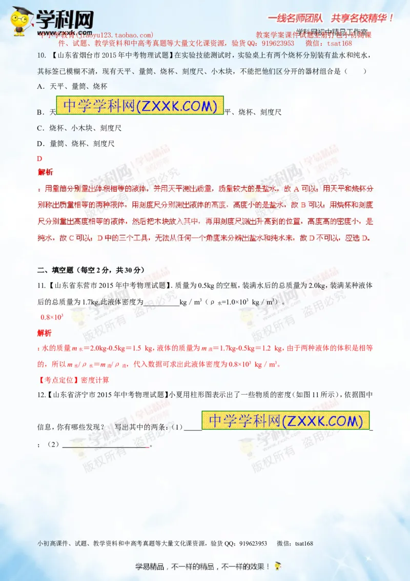 专题6.2密度及其测量密度的应用（测试）-2016年中考物理一轮复习讲练测课课通（解析版）_初物_1初中物理_物理：2016年中考物理一轮复习讲练测课课通全套打包116份
