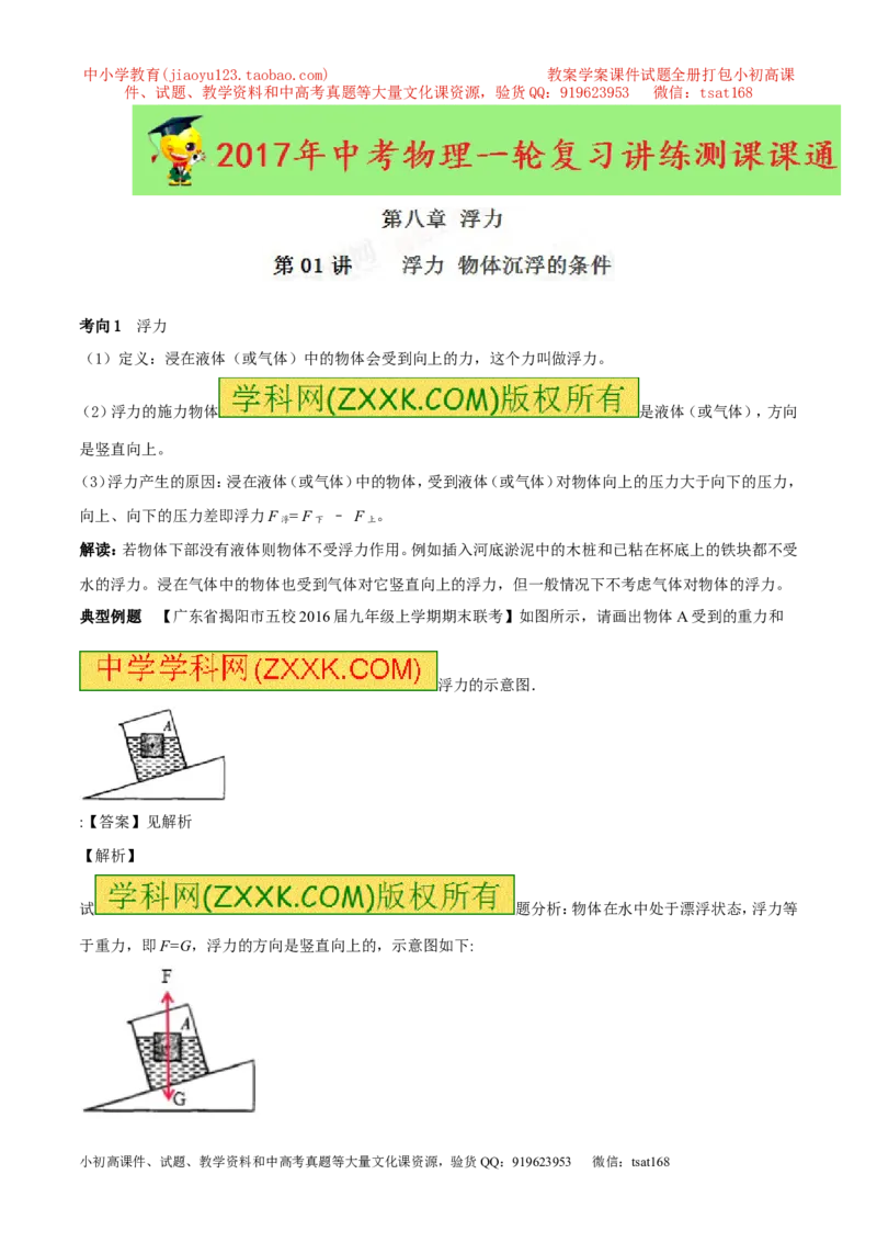 专题8.1浮力物体沉浮的条件（讲练）-2017年中考物理一轮复习讲练测课课通（解析版）_初物_1初中物理_物理：2017年中考物理一轮复习讲练测课课通全套打包115份