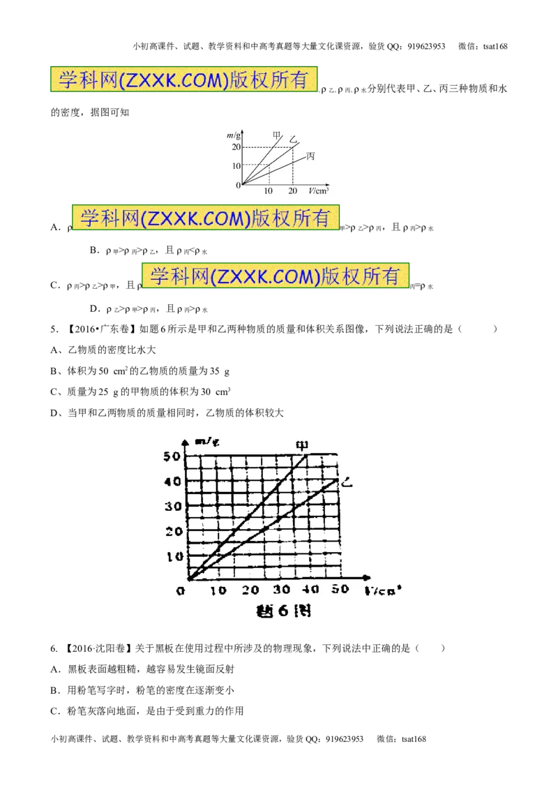 专题6.2密度及其测量密度的应用（测试）-2017年中考物理一轮复习讲练测课课通（原卷版）_初物_1初中物理_物理：2017年中考物理一轮复习讲练测课课通全套打包115份