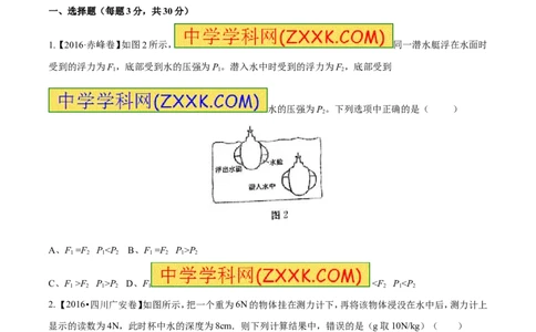 专题8.2阿基米德原理浮力的应用（测试）-2017年中考物理一轮复习讲练测课课通（原卷版）_初物_1初中物理_物理：2017年中考物理一轮复习讲练测课课通全套打包115份