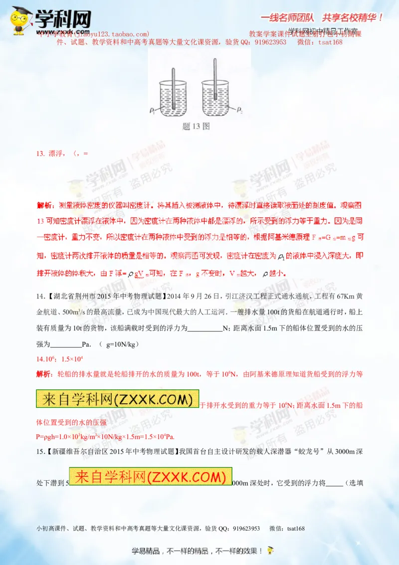 专题8.2阿基米德原理浮力的应用（测试）-2016年中考物理一轮复习讲练测课课通（解析版）_初物_1初中物理_物理：2016年中考物理一轮复习讲练测课课通全套打包116份