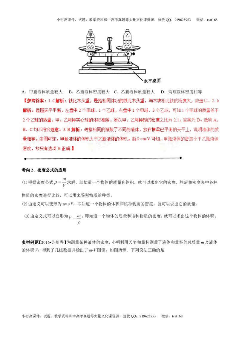 专题6.2密度及其测量密度的应用（讲练）-2017年中考物理一轮复习讲练测课课通（解析版）_初物_1初中物理_物理：2017年中考物理一轮复习讲练测课课通全套打包115份