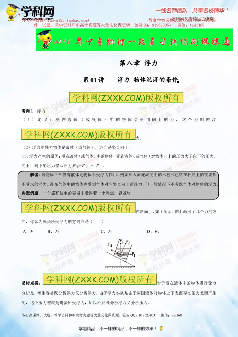 专题8.1浮力物体沉浮的条件（讲练）-2016年中考物理一轮复习讲练测课课通（原卷版）_初物_1初中物理_物理：2016年中考物理一轮复习讲练测课课通全套打包116份
