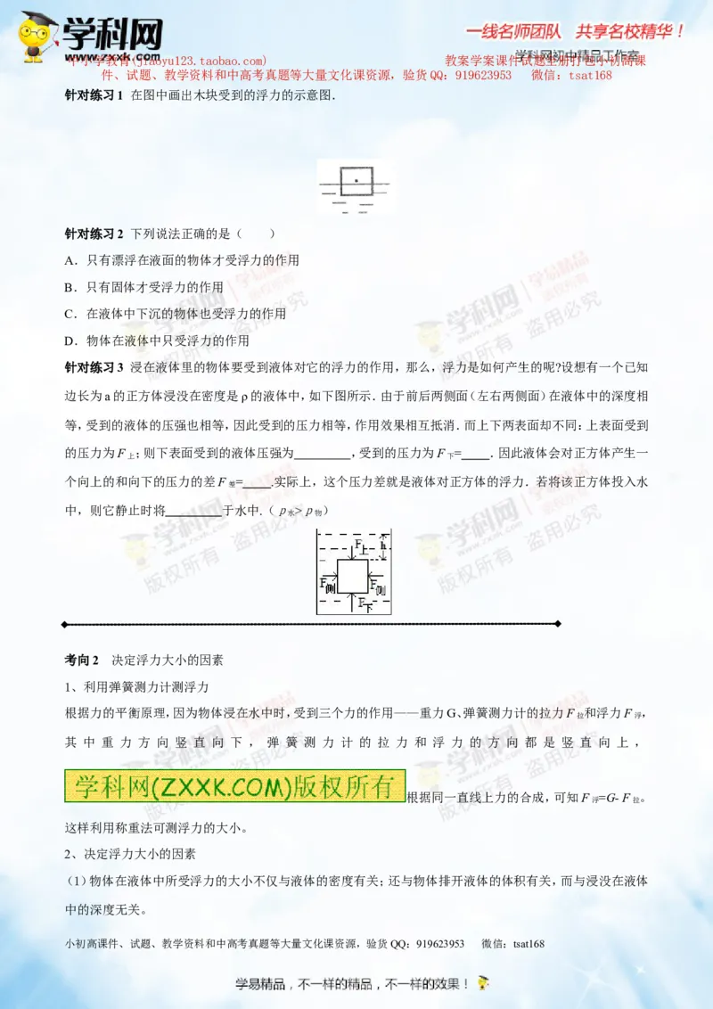 专题8.1浮力物体沉浮的条件（讲练）-2016年中考物理一轮复习讲练测课课通（原卷版）_初物_1初中物理_物理：2016年中考物理一轮复习讲练测课课通全套打包116份