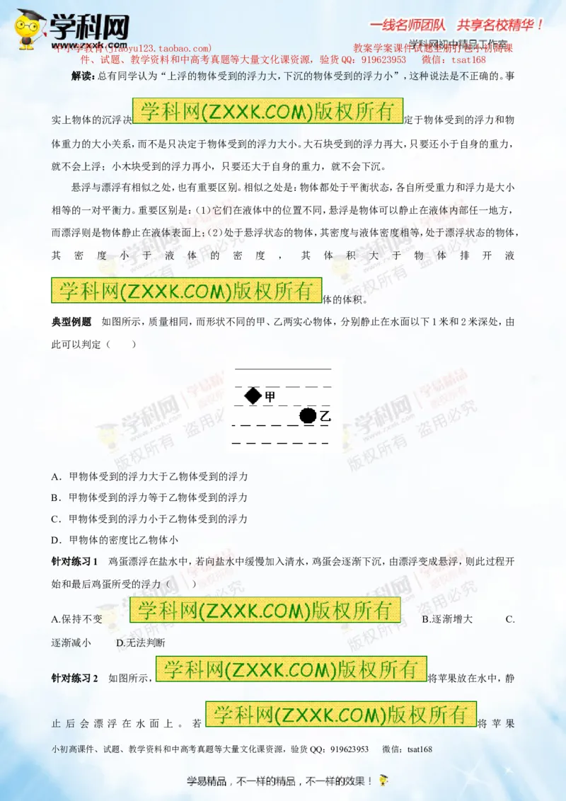 专题8.1浮力物体沉浮的条件（讲练）-2016年中考物理一轮复习讲练测课课通（原卷版）_初物_1初中物理_物理：2016年中考物理一轮复习讲练测课课通全套打包116份