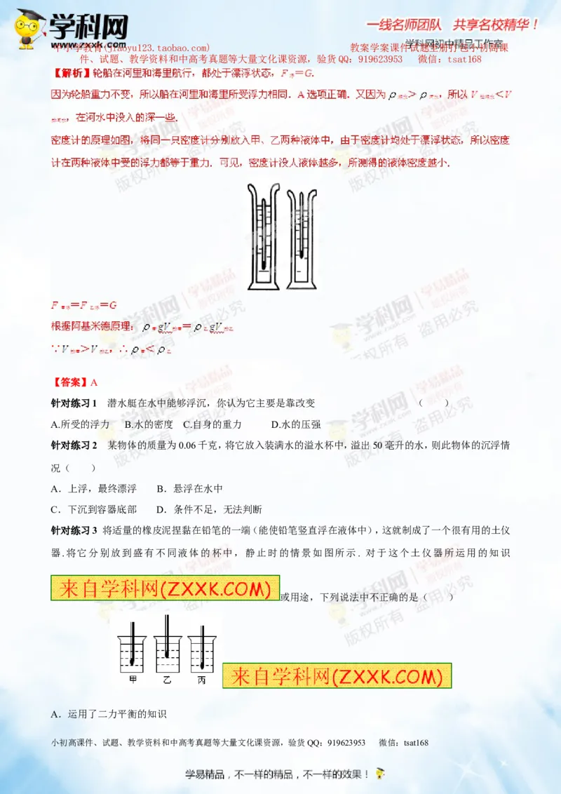 专题8.2阿基米德原理浮力的应用（讲练）-2016年中考物理一轮复习讲练测课课通（解析版）_初物_1初中物理_物理：2016年中考物理一轮复习讲练测课课通全套打包116份