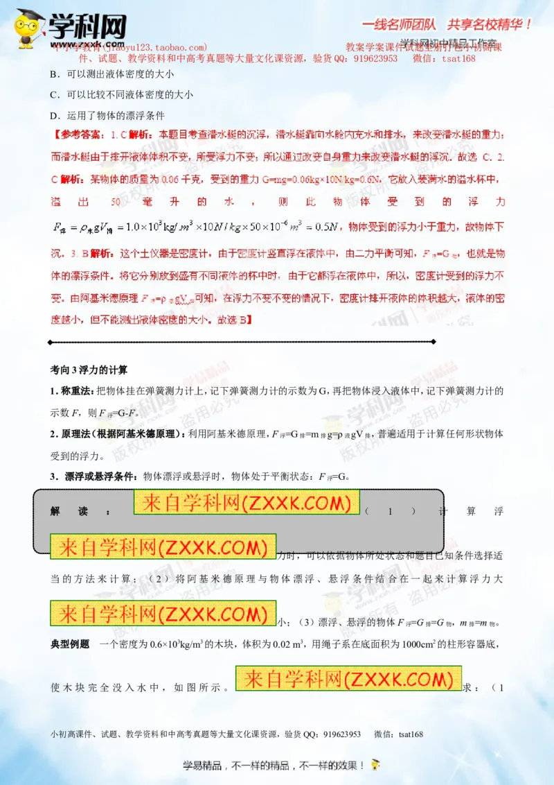 专题8.2阿基米德原理浮力的应用（讲练）-2016年中考物理一轮复习讲练测课课通（解析版）_初物_1初中物理_物理：2016年中考物理一轮复习讲练测课课通全套打包116份