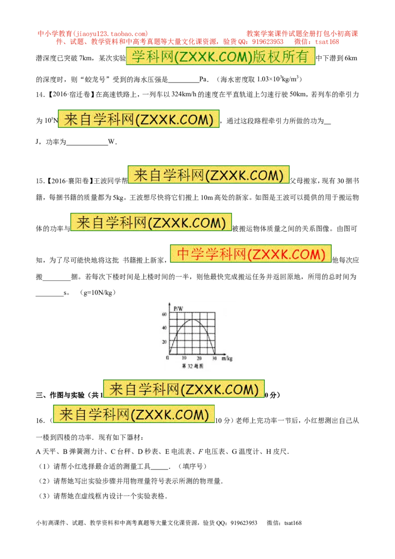 专题9.1功和功率（测试）-2017年中考物理一轮复习讲练测课课通（原卷版）_初物_1初中物理_物理：2017年中考物理一轮复习讲练测课课通全套打包115份