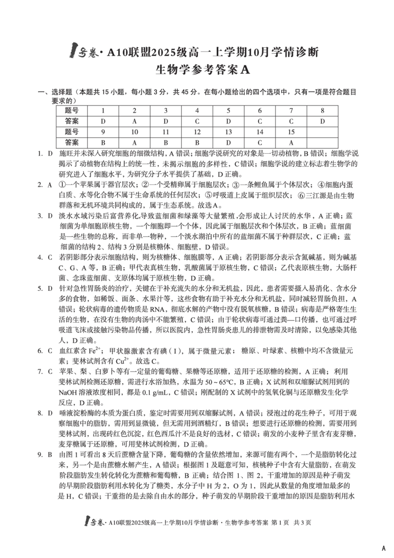 1号卷&middot;A10联盟2025级高一上学期10月学情诊断生物A答案_2025年10月高一试卷_251023安徽省1号卷&middot;A10联盟2025-2026学年高一上学期10月学情诊断（全）