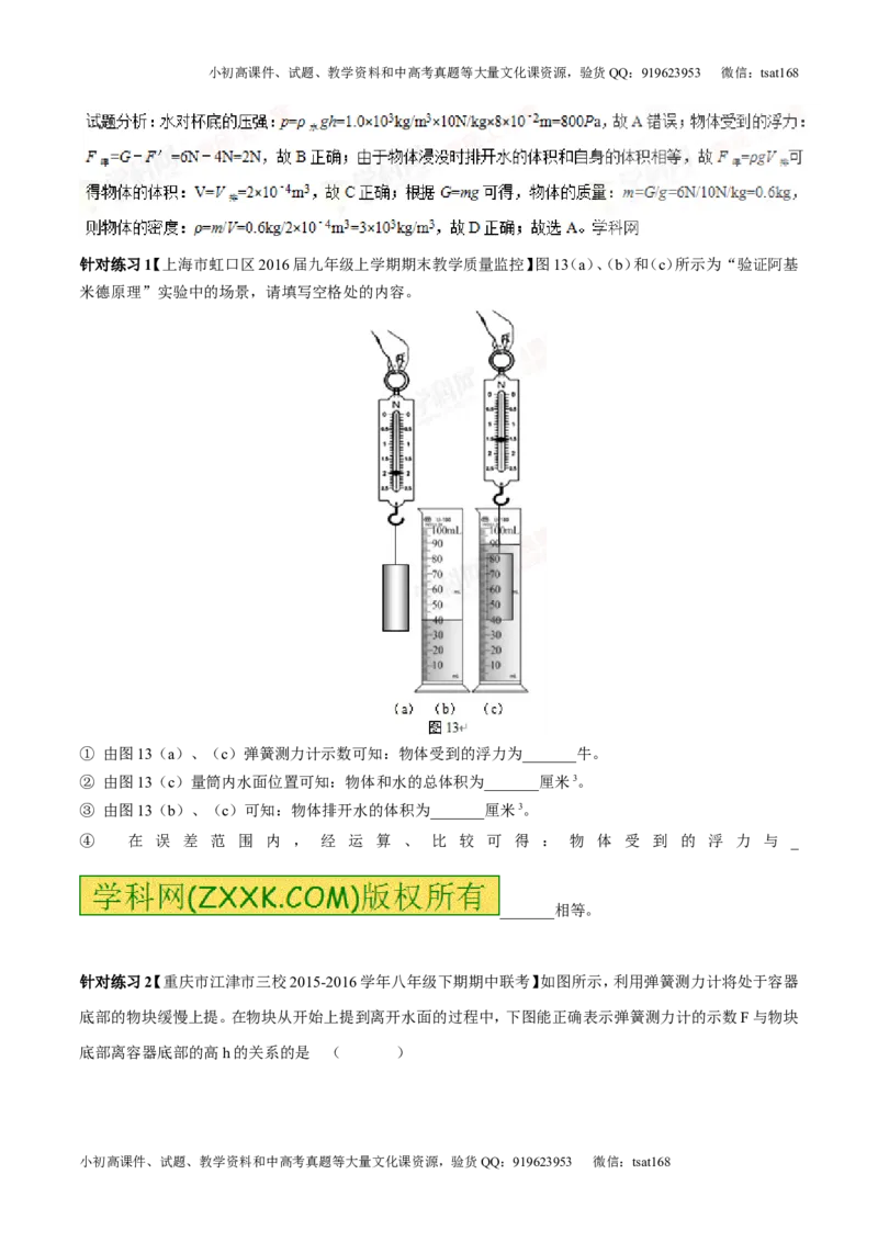 专题8.2阿基米德原理浮力的应用（讲练）-2017年中考物理一轮复习讲练测课课通（解析版）_初物_1初中物理_物理：2017年中考物理一轮复习讲练测课课通全套打包115份