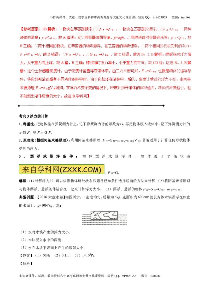 专题8.2阿基米德原理浮力的应用（讲练）-2017年中考物理一轮复习讲练测课课通（解析版）_初物_1初中物理_物理：2017年中考物理一轮复习讲练测课课通全套打包115份