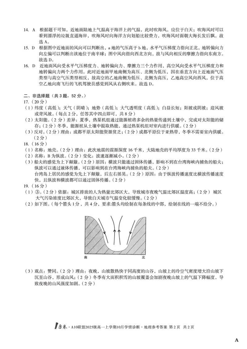 1号卷&middot;A10联盟2025级高一上学期10月学情诊断地理A答案_2025年10月高一试卷_251023安徽省1号卷&middot;A10联盟2025-2026学年高一上学期10月学情诊断（全）