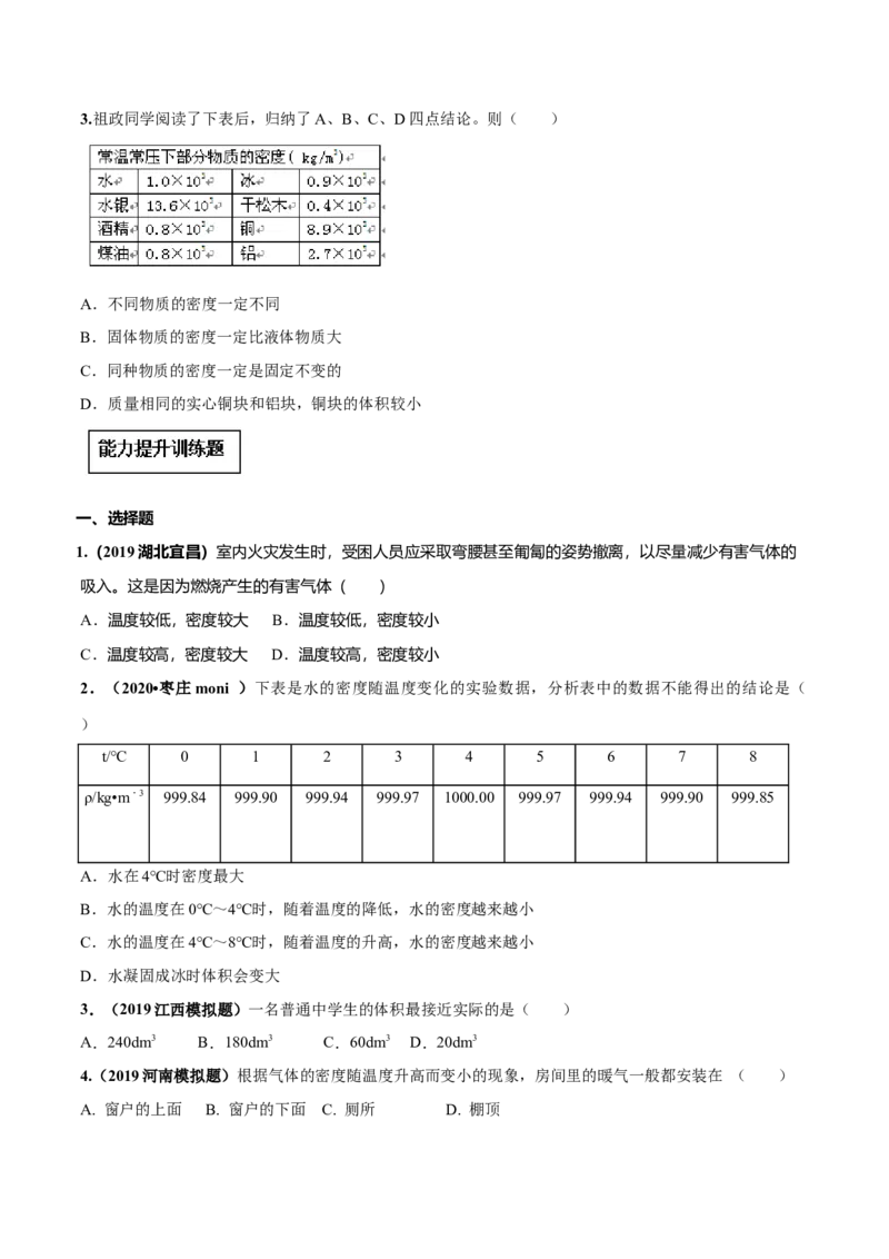 专题6.4密度与社会生活（原卷版）_初物_人教版初中物理初二三同步讲义习题练习八九年级电子资料word素材_20250116_181533_最新人教版初中物理初二上册