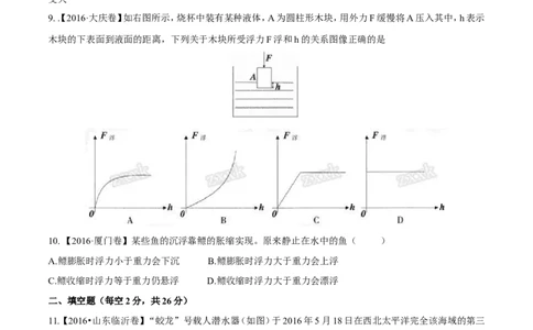 专题8.1浮力物体沉浮的条件（测试）-2017年中考物理一轮复习讲练测课课通（原卷版）_初物_1初中物理_物理：2017年中考物理一轮复习讲练测课课通全套打包115份