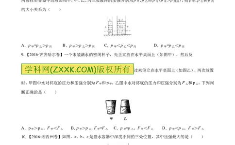 专题7.2液体的压强大气压强流体的压强（测试）-2017年中考物理一轮复习讲练测课课通（原卷版）_初物_1初中物理_物理：2017年中考物理一轮复习讲练测课课通全套打包115份