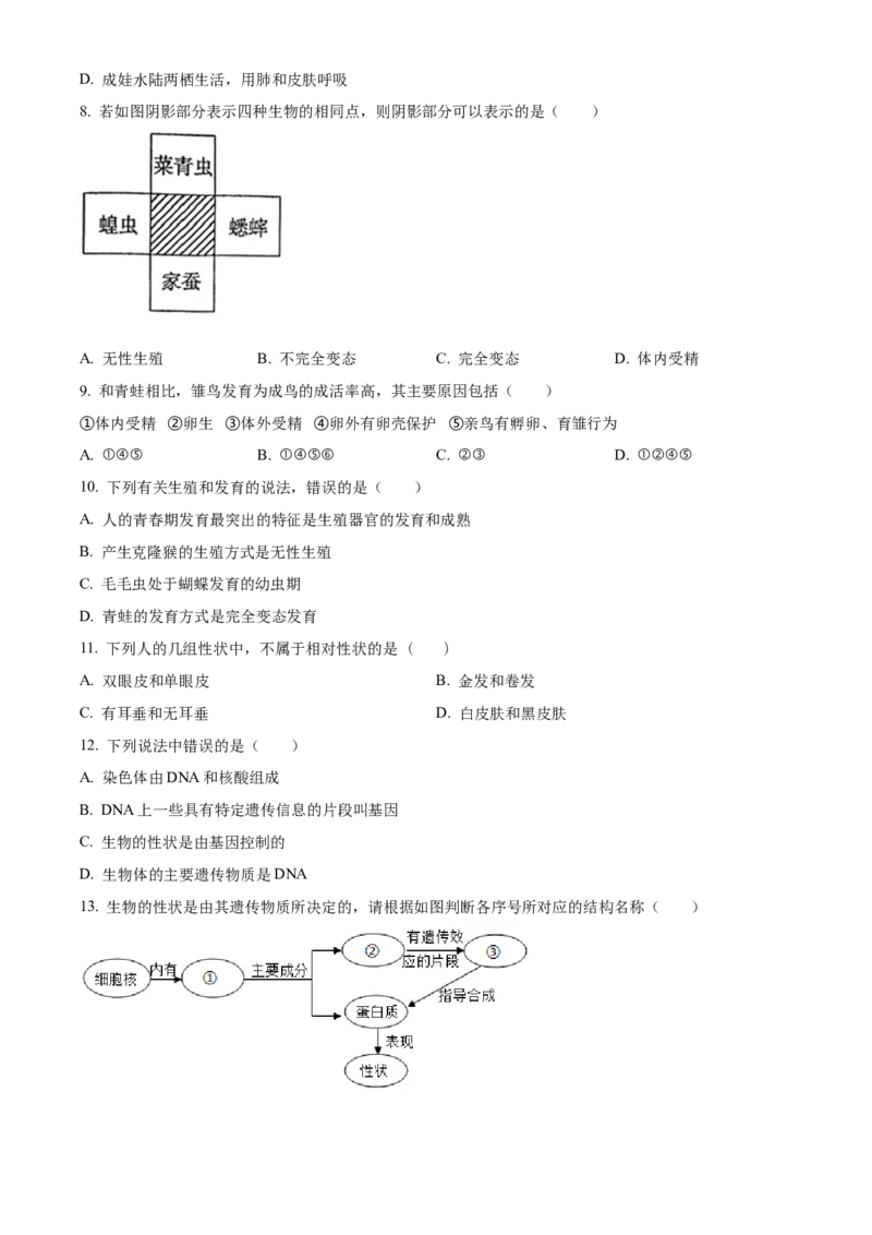 01八年级下学期期中生物试题（原卷版）_初中全科电子版试卷练习试题_生物_生物8下练习_人教生物8年级下期中试卷10份
