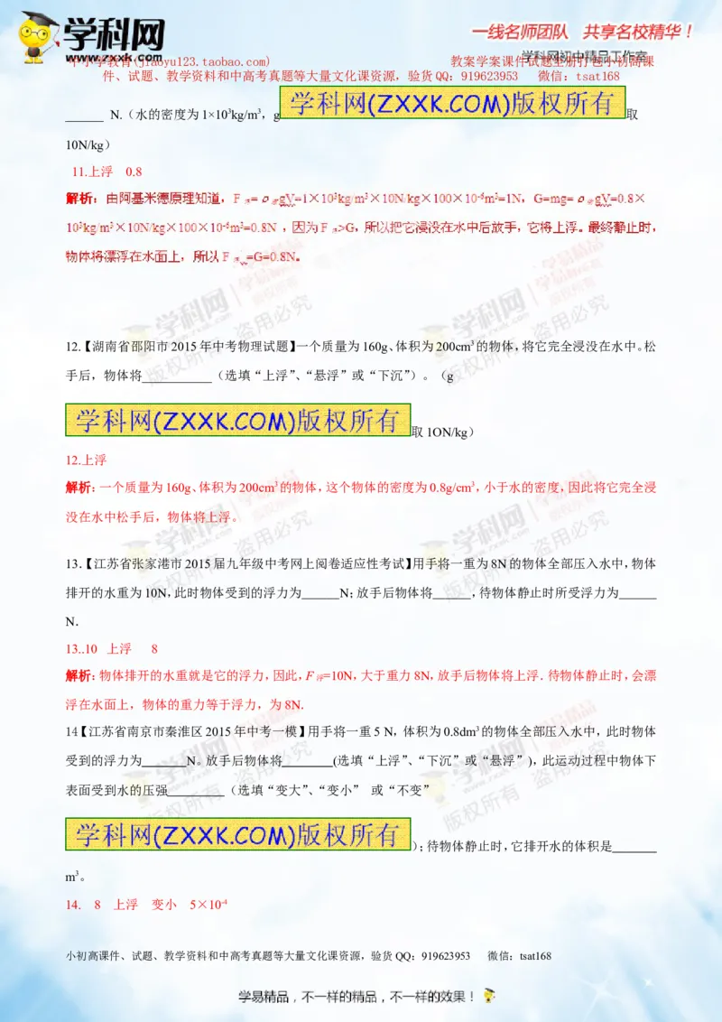 专题8.1浮力物体沉浮的条件（测试）-2016年中考物理一轮复习讲练测课课通（解析版）_初物_1初中物理_物理：2016年中考物理一轮复习讲练测课课通全套打包116份