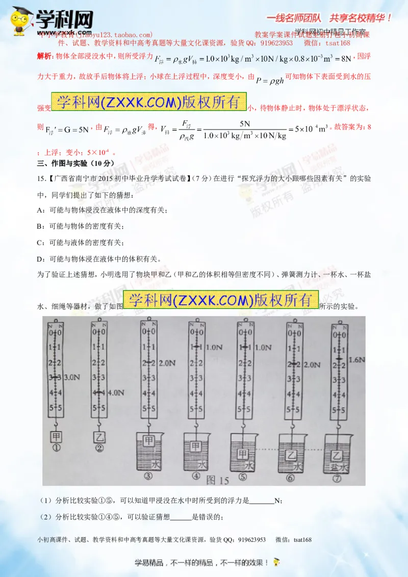 专题8.1浮力物体沉浮的条件（测试）-2016年中考物理一轮复习讲练测课课通（解析版）_初物_1初中物理_物理：2016年中考物理一轮复习讲练测课课通全套打包116份