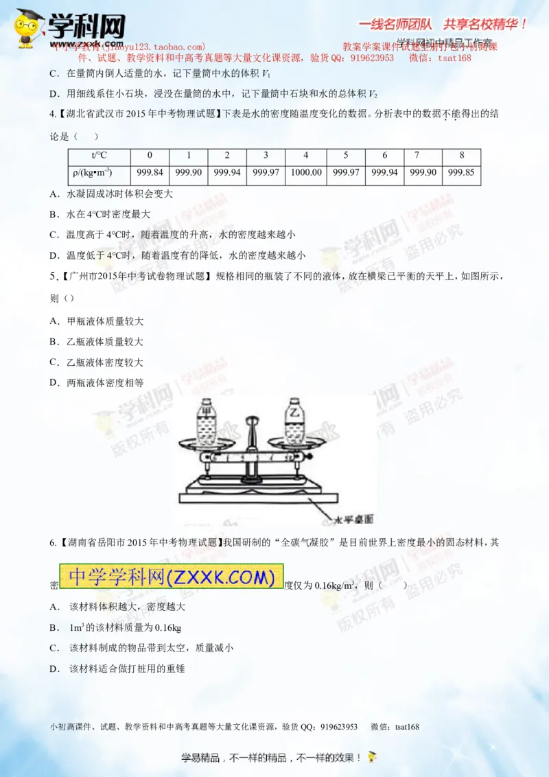 专题6.2密度及其测量密度的应用（测试）-2016年中考物理一轮复习讲练测课课通（原卷版）_初物_1初中物理_物理：2016年中考物理一轮复习讲练测课课通全套打包116份