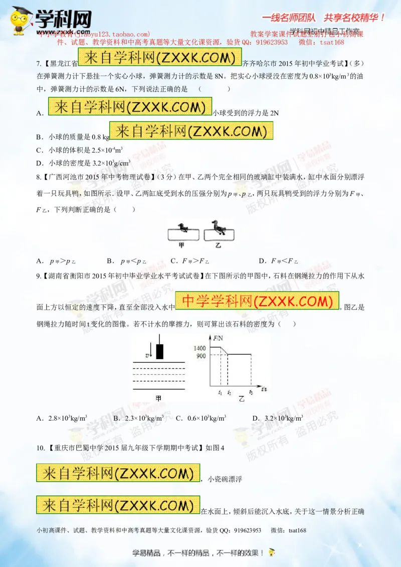 专题8.2阿基米德原理浮力的应用（测试）-2016年中考物理一轮复习讲练测课课通（原卷版）_初物_1初中物理_物理：2016年中考物理一轮复习讲练测课课通全套打包116份