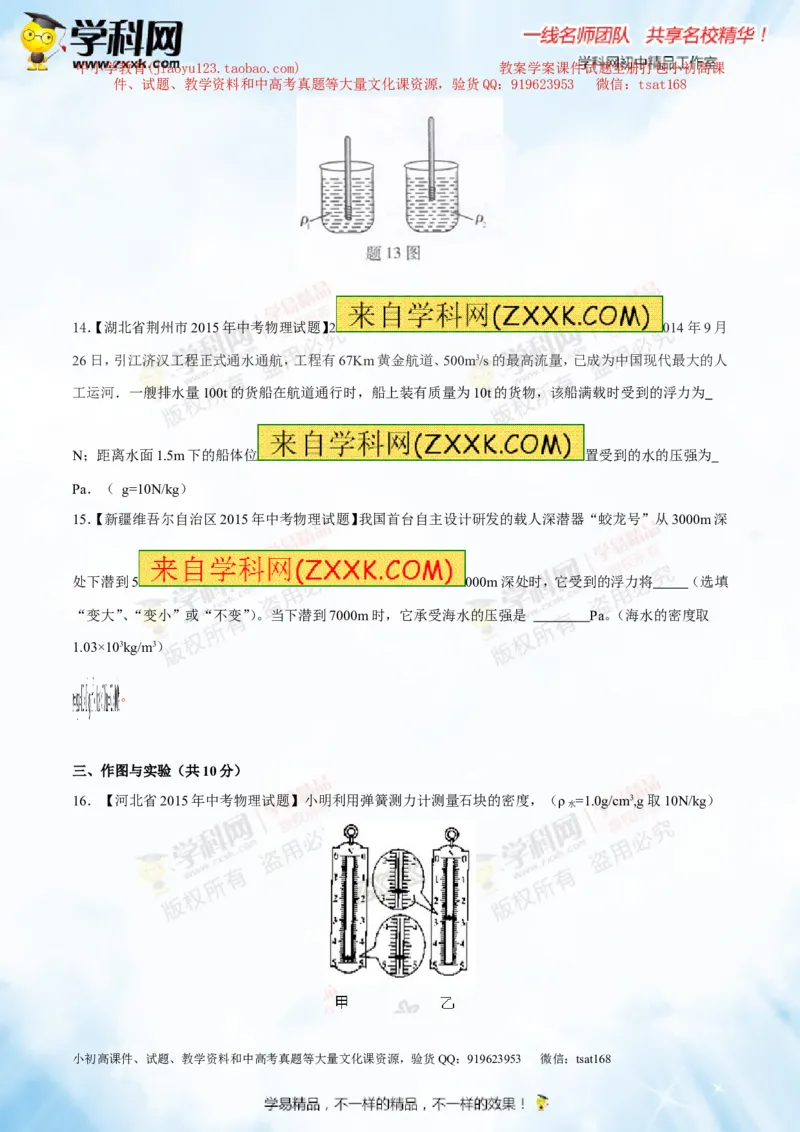 专题8.2阿基米德原理浮力的应用（测试）-2016年中考物理一轮复习讲练测课课通（原卷版）_初物_1初中物理_物理：2016年中考物理一轮复习讲练测课课通全套打包116份