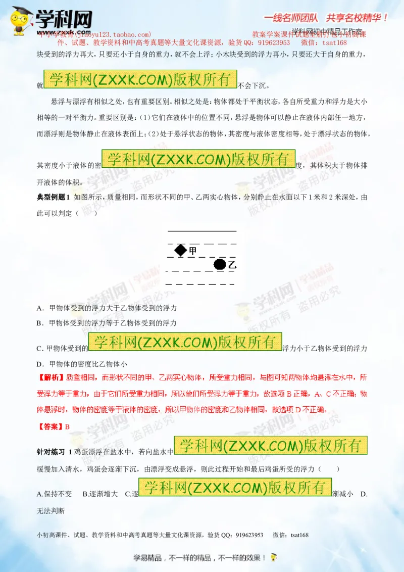 专题8.1浮力物体沉浮的条件（讲练）-2016年中考物理一轮复习讲练测课课通（解析版）_初物_1初中物理_物理：2016年中考物理一轮复习讲练测课课通全套打包116份