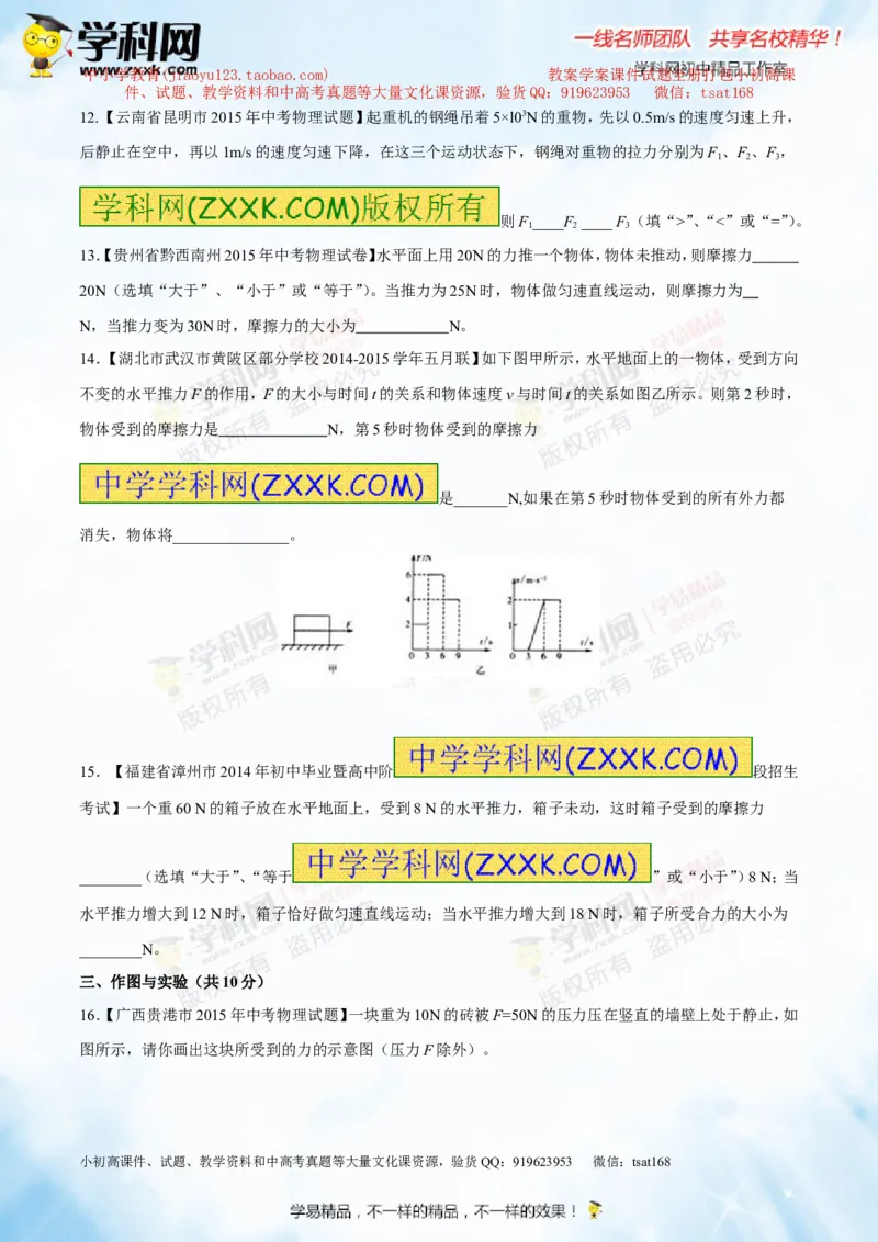 专题5.2二力平衡摩擦力（测试）-2016年中考物理一轮复习讲练测课课通（原卷版）_初物_1初中物理_物理：2016年中考物理一轮复习讲练测课课通全套打包116份