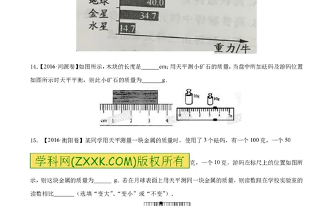 专题6.1质量及其测量（测试）-2017年中考物理一轮复习讲练测课课通（原卷版）_初物_1初中物理_物理：2017年中考物理一轮复习讲练测课课通全套打包115份