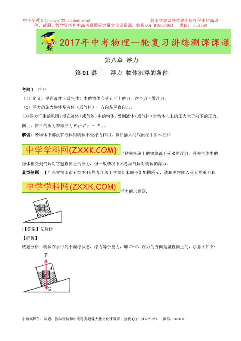 专题8.1浮力物体沉浮的条件（讲练）-2017年中考物理一轮复习讲练测课课通（原卷版）_初物_1初中物理_物理：2017年中考物理一轮复习讲练测课课通全套打包115份
