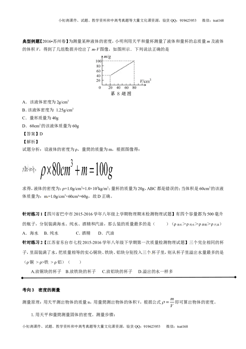 专题6.2密度及其测量密度的应用（讲练）-2017年中考物理一轮复习讲练测课课通（原卷版）_初物_1初中物理_物理：2017年中考物理一轮复习讲练测课课通全套打包115份