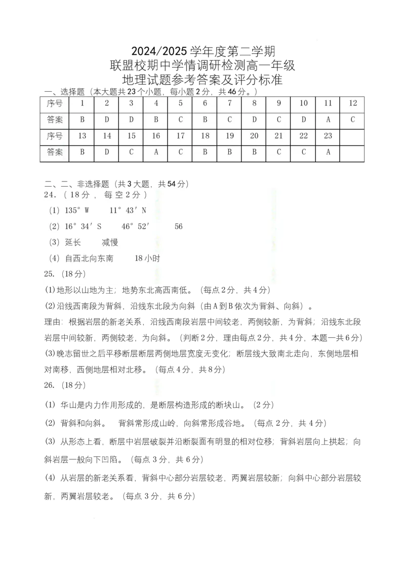 2024-2025第二学期联盟校高一期中考试地理答案及评分标准_2025年05月试卷_0518江苏省盐城市五校联考2024-2025学年高一下学期4月期中