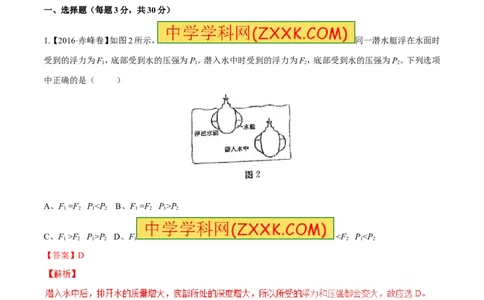 专题8.2阿基米德原理浮力的应用（测试）-2017年中考物理一轮复习讲练测课课通（解析版）_初物_1初中物理_物理：2017年中考物理一轮复习讲练测课课通全套打包115份